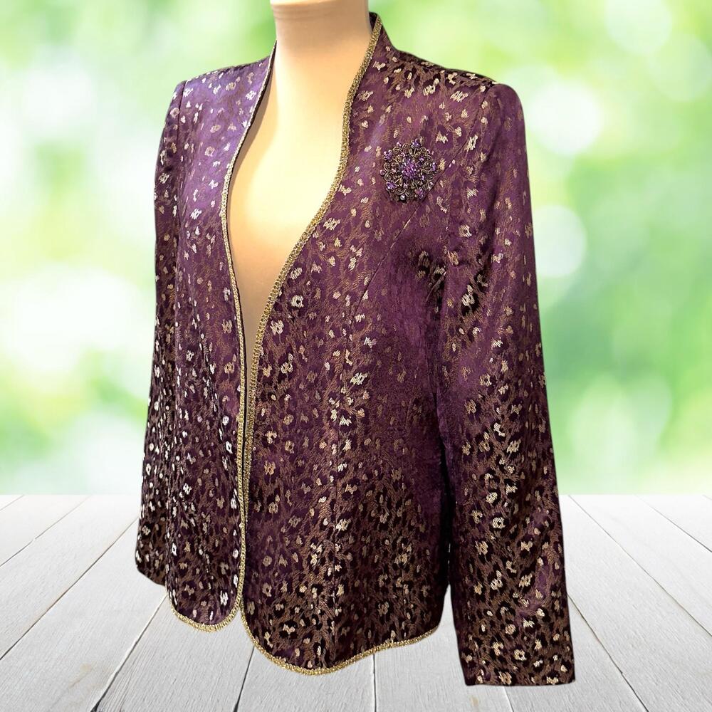 Vintage MOSHITA COUTURE Evening Jacket Jeweled Brooch Purple Gold Animal Sz 12